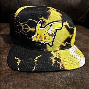Pokemon Pikachu Hat Cap Snap Back Black Yellow Bioworld Lightning Graphic EUC